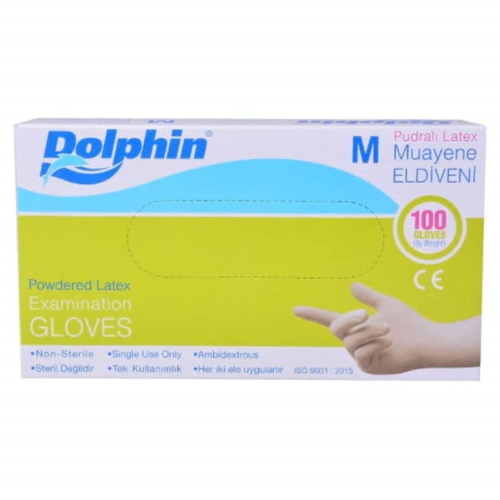 Dolphin Latex Pudralı Eldiven Medium Beyaz 100'lü Paket Dolphin Latex Pudralı Eldiven Medium Beyaz 100'lü Paket