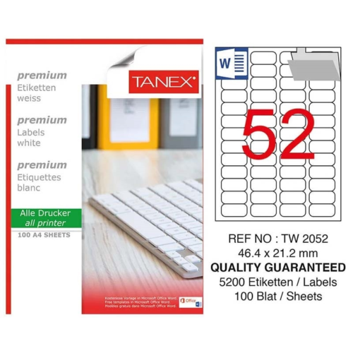 Tanex TW-2052 Beyaz Etiket 46.4 mm x 21.1 mm Tanex TW-2052 Beyaz Etiket 46.4 mm x 21.1 mm