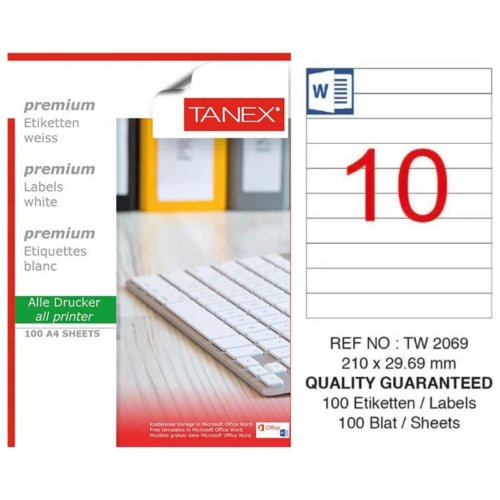 Tanex TW-2069 Düzkenar Etiket210X29,69MM 100SF Beyaz Tanex TW-2069 Düzkenar Etiket210X29,69MM 100SF Beyaz