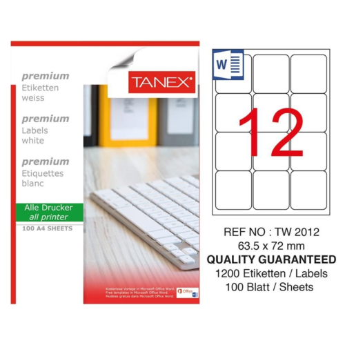 Tanex TW-2012 Yuvarlak Kenar Etiket 63.5x72 mm 100 Sayfa Beyaz Tanex TW-2012 Yuvarlak Kenar Etiket 63.5x72 mm 100 Sayfa Beyaz
