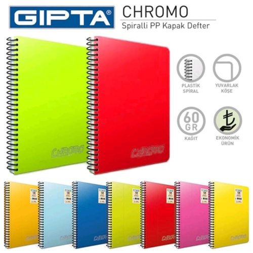 Gıpta Chromo Spiralli PP Kapak Defter A4 100 Yaprak Kareli Gıpta Chromo Spiralli PP Kapak Defter A4 100 Yaprak Kareli